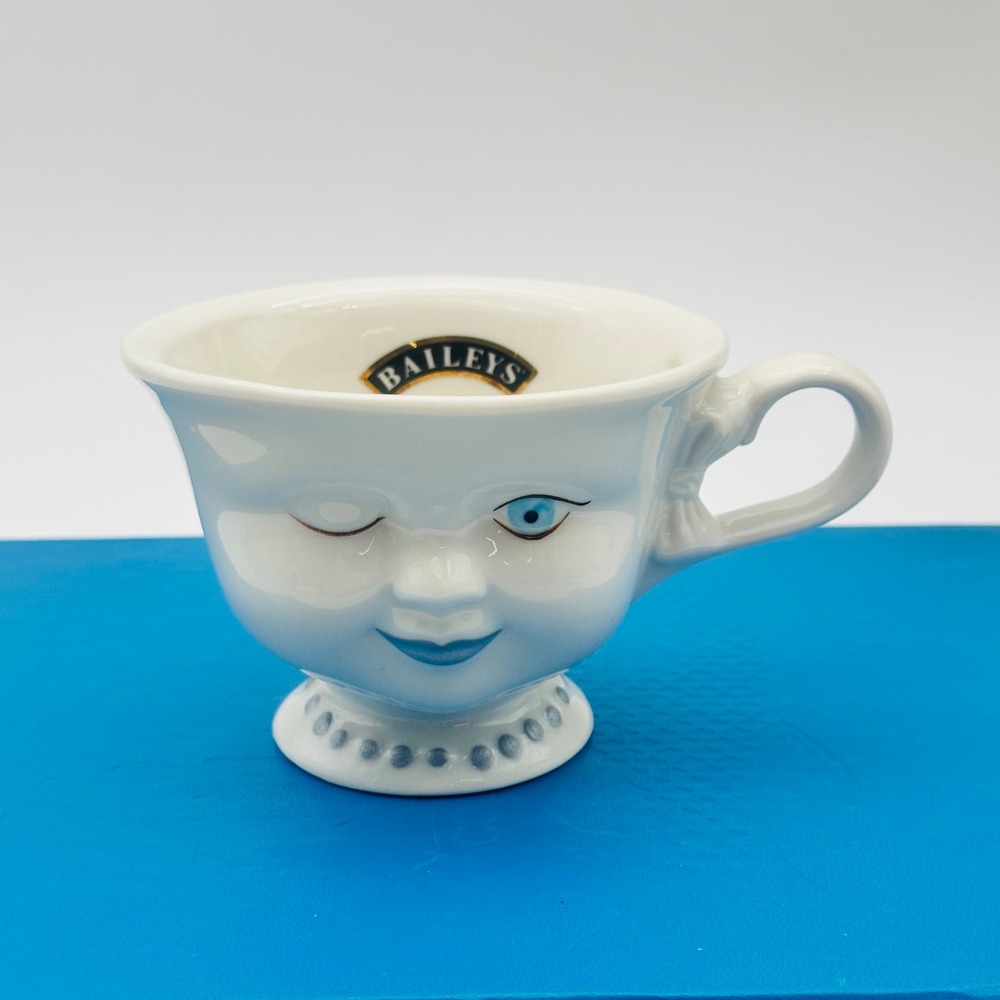 Vintage Baileys Irish Cream Winking Face Coffee Cup Mug Bow Handle Blue Eyes
